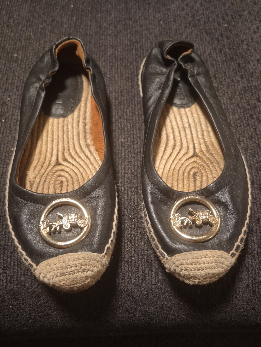 Coach Black Leather Espadrille Ballet Flats with Gold Coach Logo